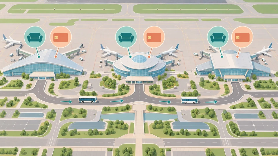 横長の空港の俯瞰図に3つのターミナル建物を並べ、各建物の上に航空会社ラウンジを表すソファのアイコンとカードラウンジを表すカードのアイコンを色違いで置き、ターミナル間を結ぶ連絡バスの矢印を描いた図解