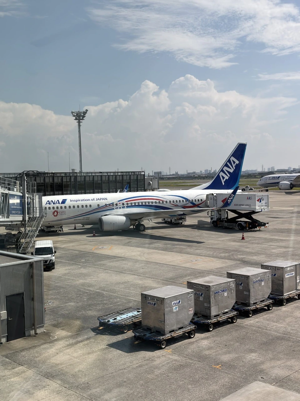 伊丹空港の駐機場に止まるANAの機体と、手前に並ぶ貨物コンテナ