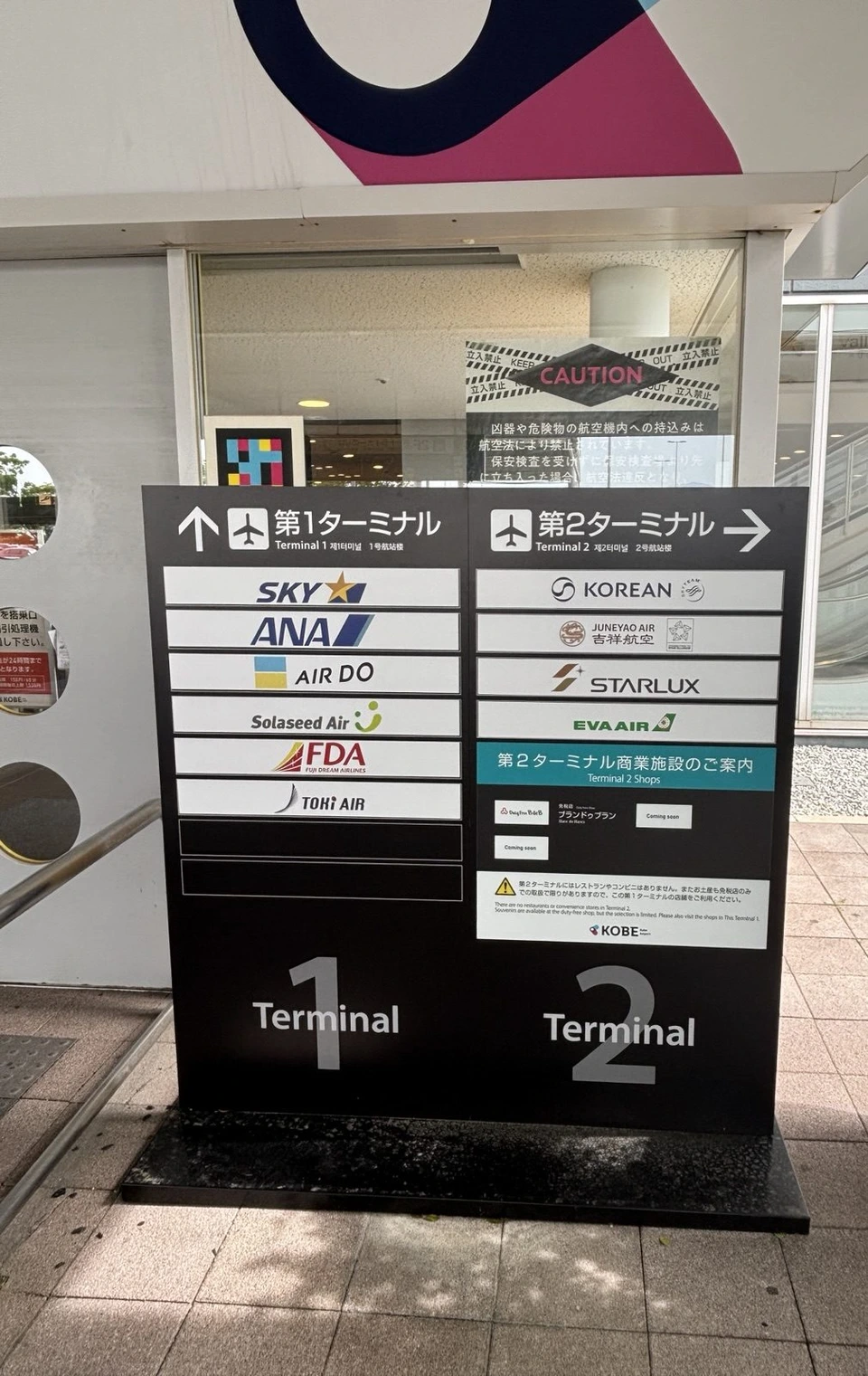 第1ターミナルの入口前の案内板。左に第1ターミナルのスカイマーク、ANA、AIRDO、ソラシドエア、FDA、トキエア、右に第2ターミナルの大韓航空、吉祥航空、スターラックス、エバー航空