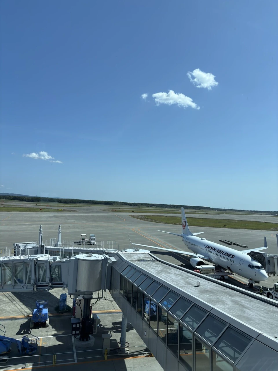 新千歳空港のJALのラウンジから見た駐機場とボーディングブリッジ、JALの737
