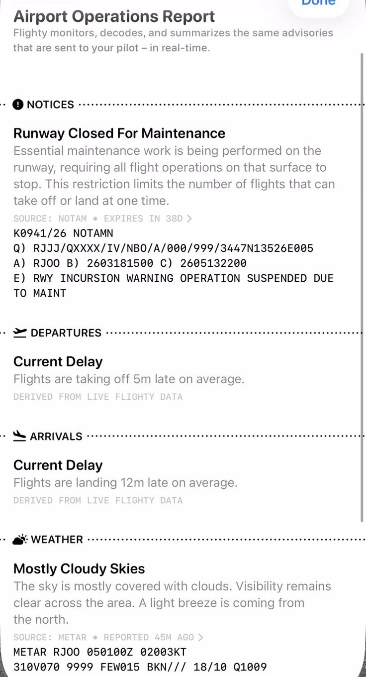 FlightyのAirport Operations Report(伊丹空港)。滑走路の閉鎖のNOTAM、出発便は平均5分遅れ、到着便は平均12分遅れ、天気は曇りという内容