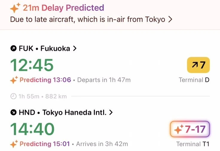 FlightyのJL314 福岡→羽田の画面。Delay Predictedの表示。東京から飛んできている機材が遅れているため、出発・到着とも20分ほど遅れる予測