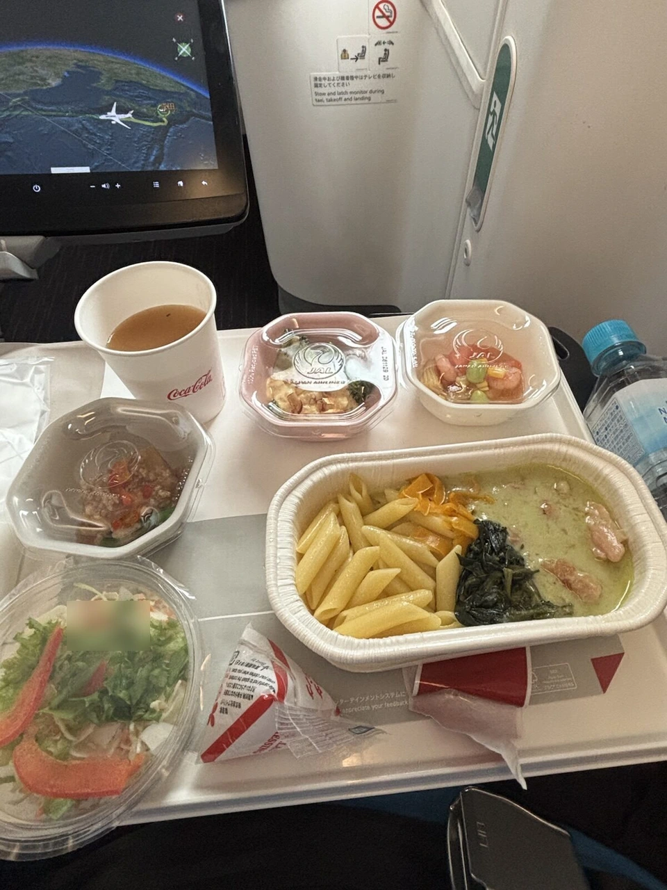 JAL JL723エコノミーの機内食。緑色のソースのペンネ、サラダ、小鉢2つ、温かい飲み物。前の画面に飛行ルートの地図
