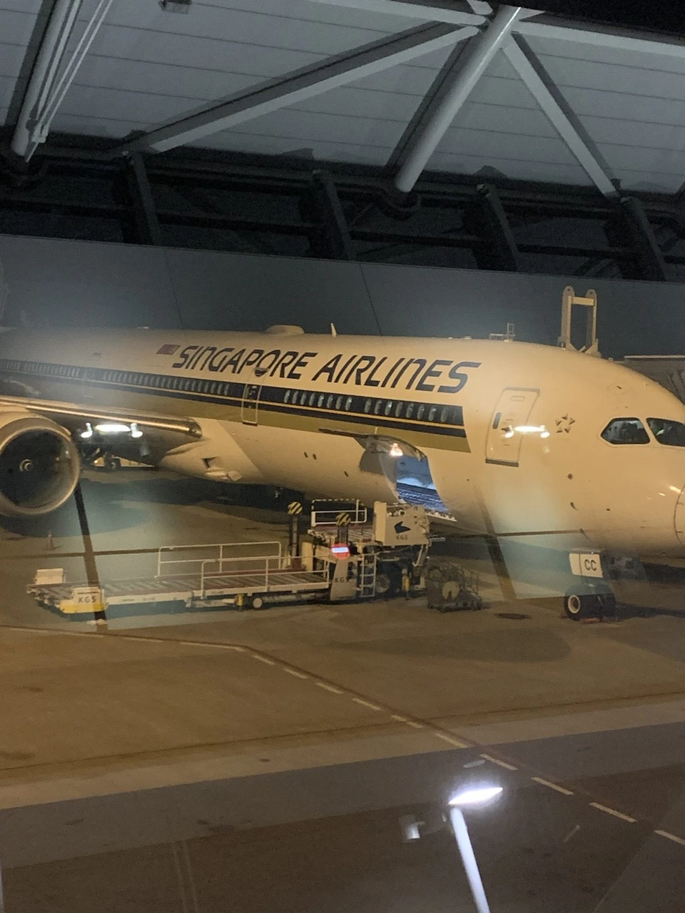 夜の関西空港の搭乗口の窓から見たシンガポール航空の機体