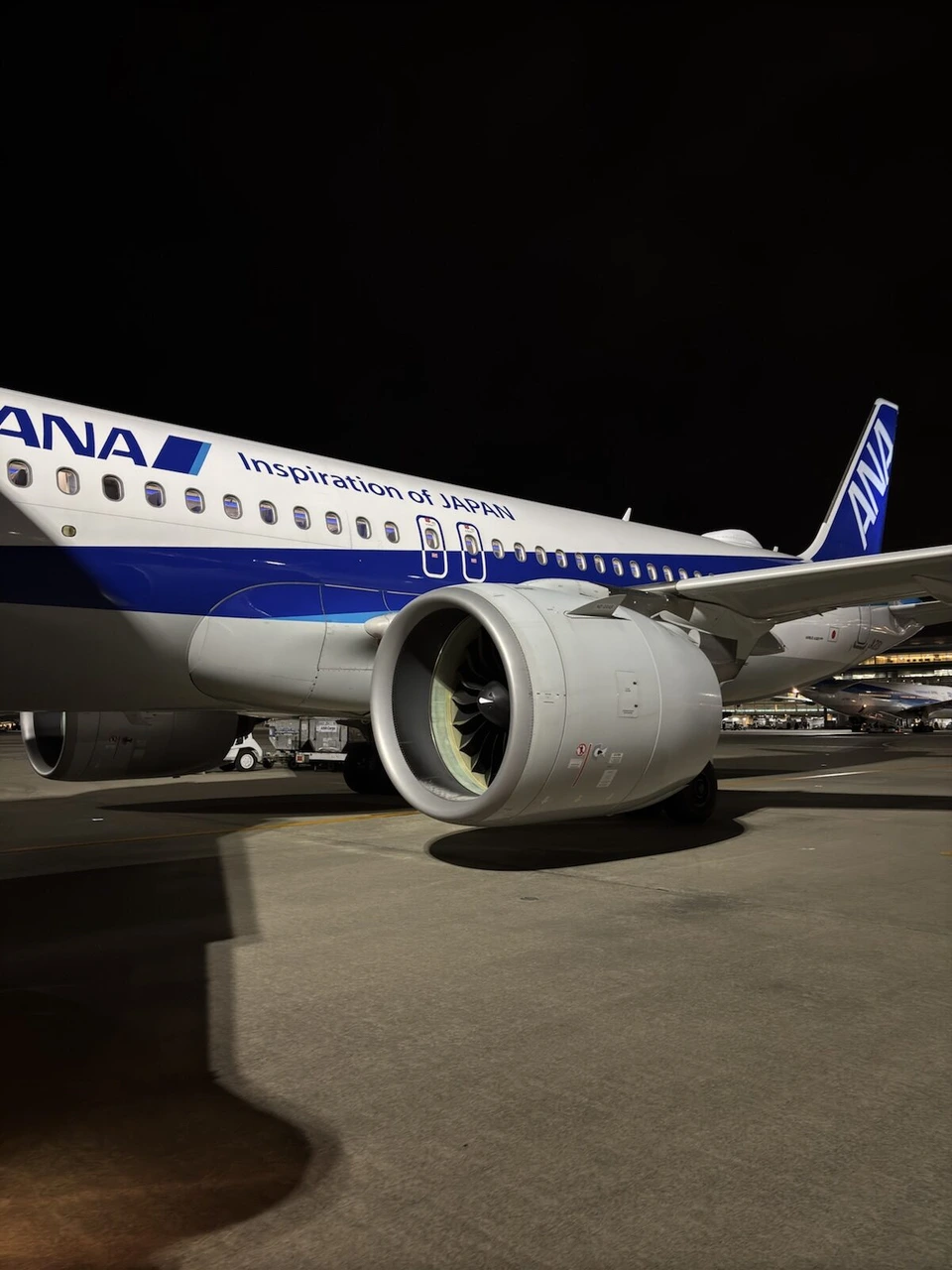 夜の羽田空港の駐機場に止まるANAのエアバス機のエンジンと胴体