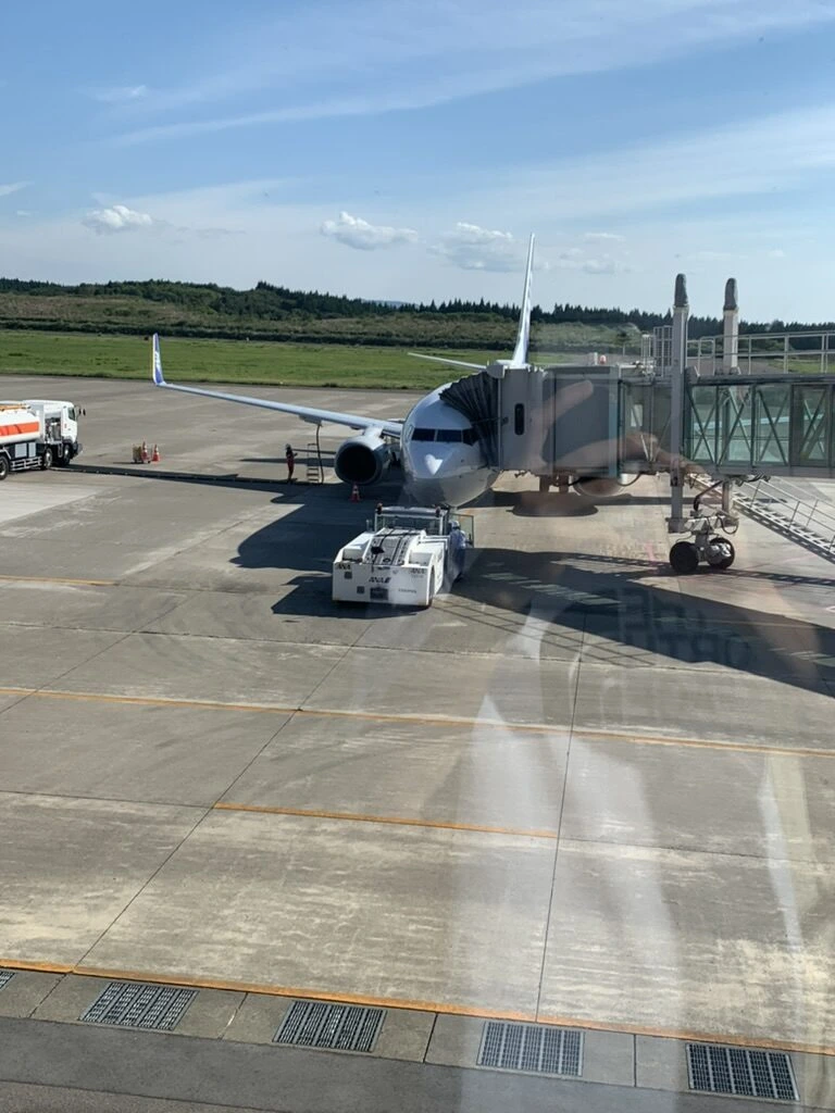 大館能代空港の駐機場でボーディングブリッジにつながったANAの737-800