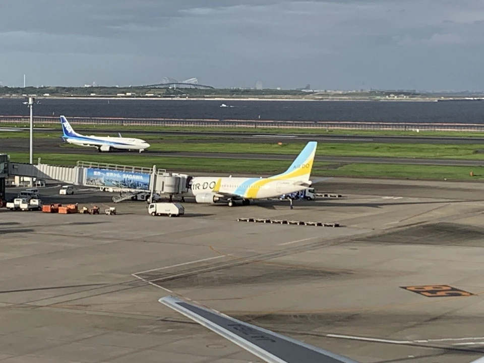 羽田空港の駐機場に並ぶANAの機体と、黄色と水色のAIRDOの機体