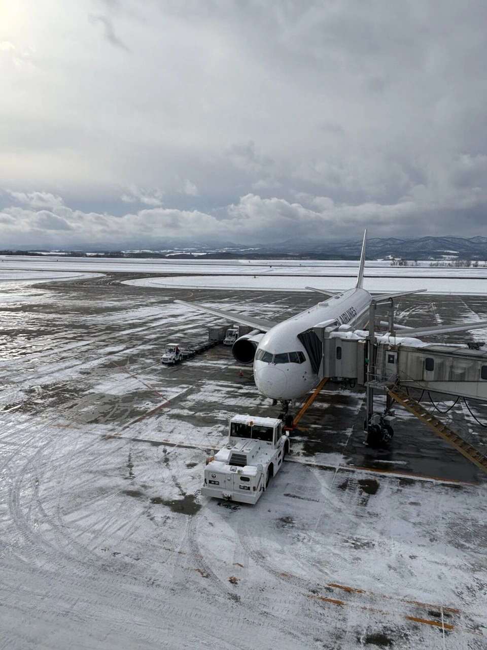 雪の積もった旭川空港の駐機場に止まるJALの機体とボーディングブリッジ