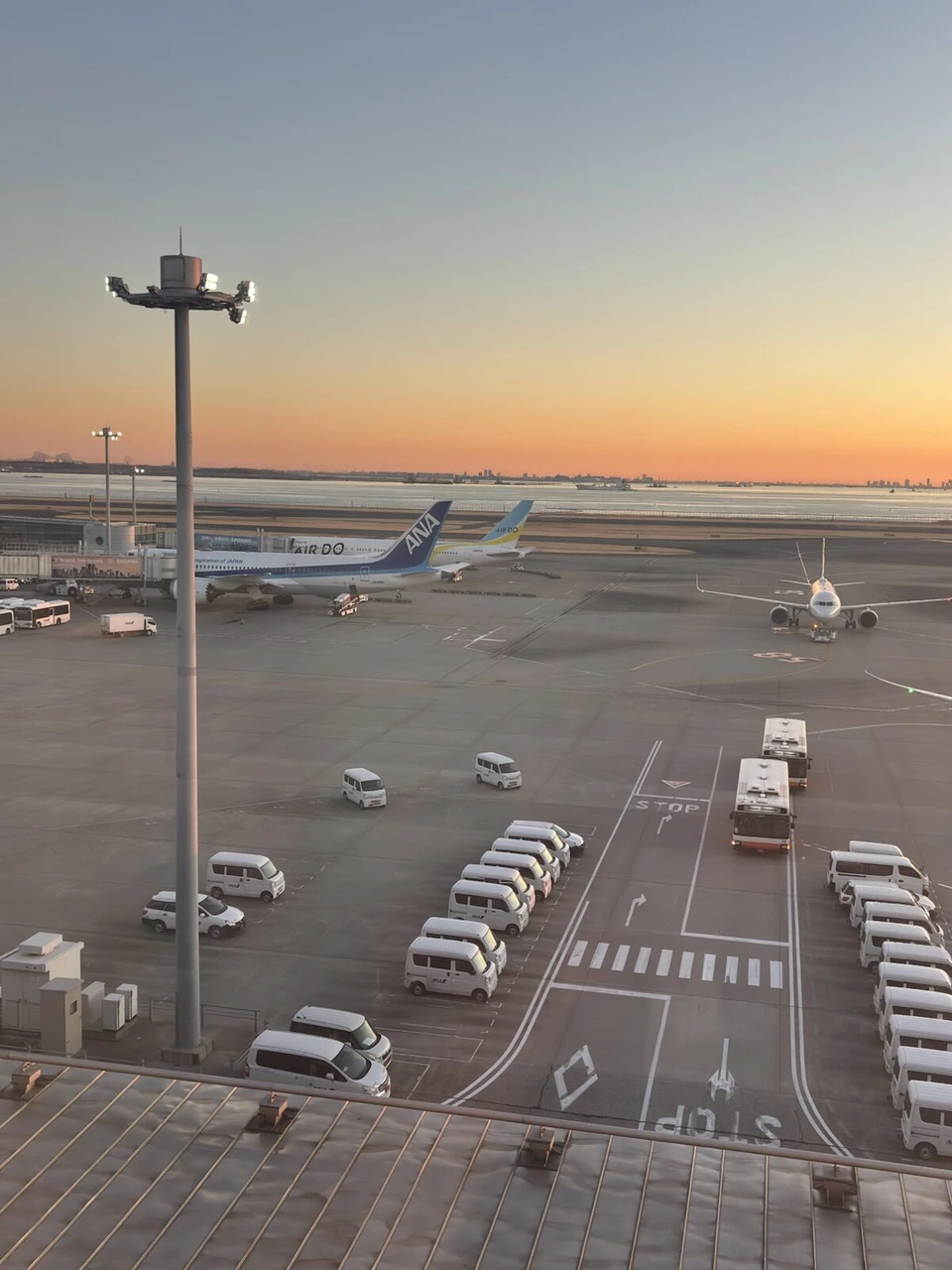 朝焼けの空と羽田空港第2ターミナルの駐機場に停まるANA機、並んだ地上車両