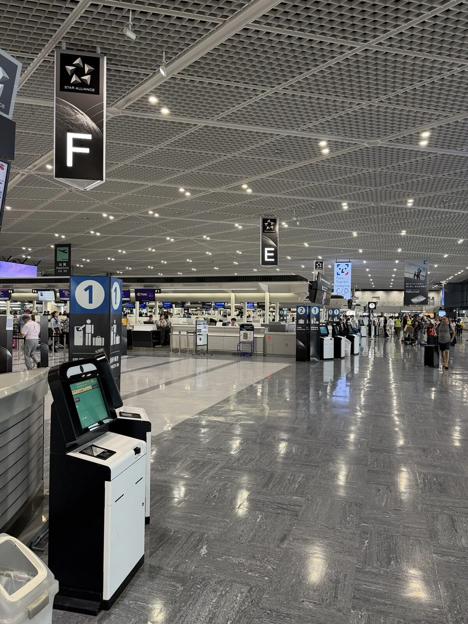 成田空港第1ターミナル南ウイングのチェックインロビー。スターアライアンスのマークとFの列の表示、自動チェックイン機