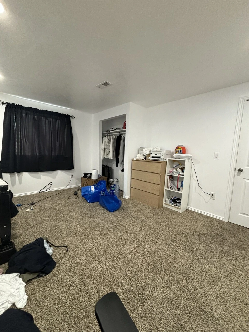 家具を置いた部屋の全体。カーペット敷きで、奥にクローゼットとチェスト