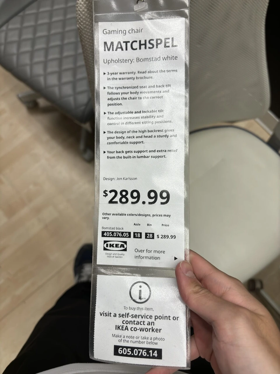 IKEAのゲーミングチェアMATCHSPELの札。289.99ドル