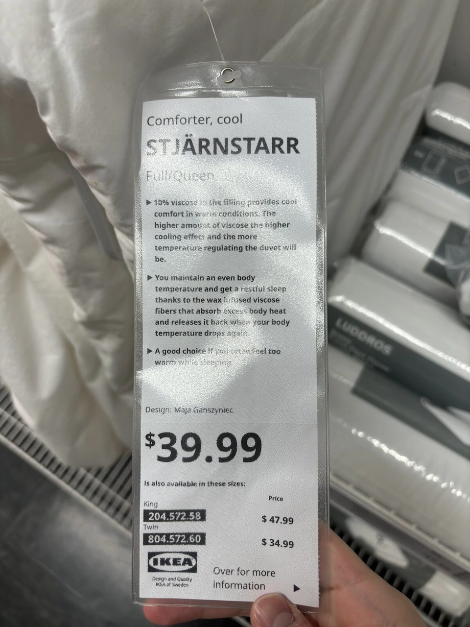 IKEAの掛け布団STJÄRNSTARRの札。39.99ドル