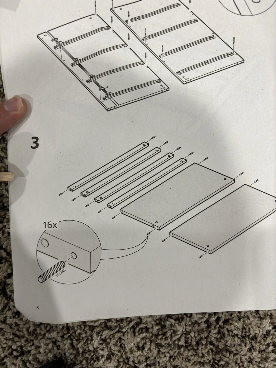 IKEAの家具の組立説明書。木ダボを16本使う工程の図