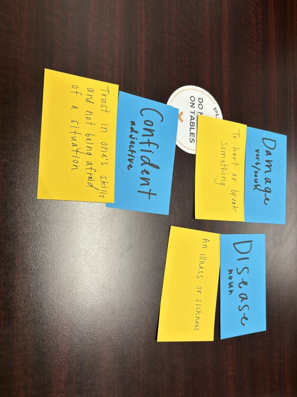 付箋に書いたConfident、Damage、Diseaseの単語と英語の説明