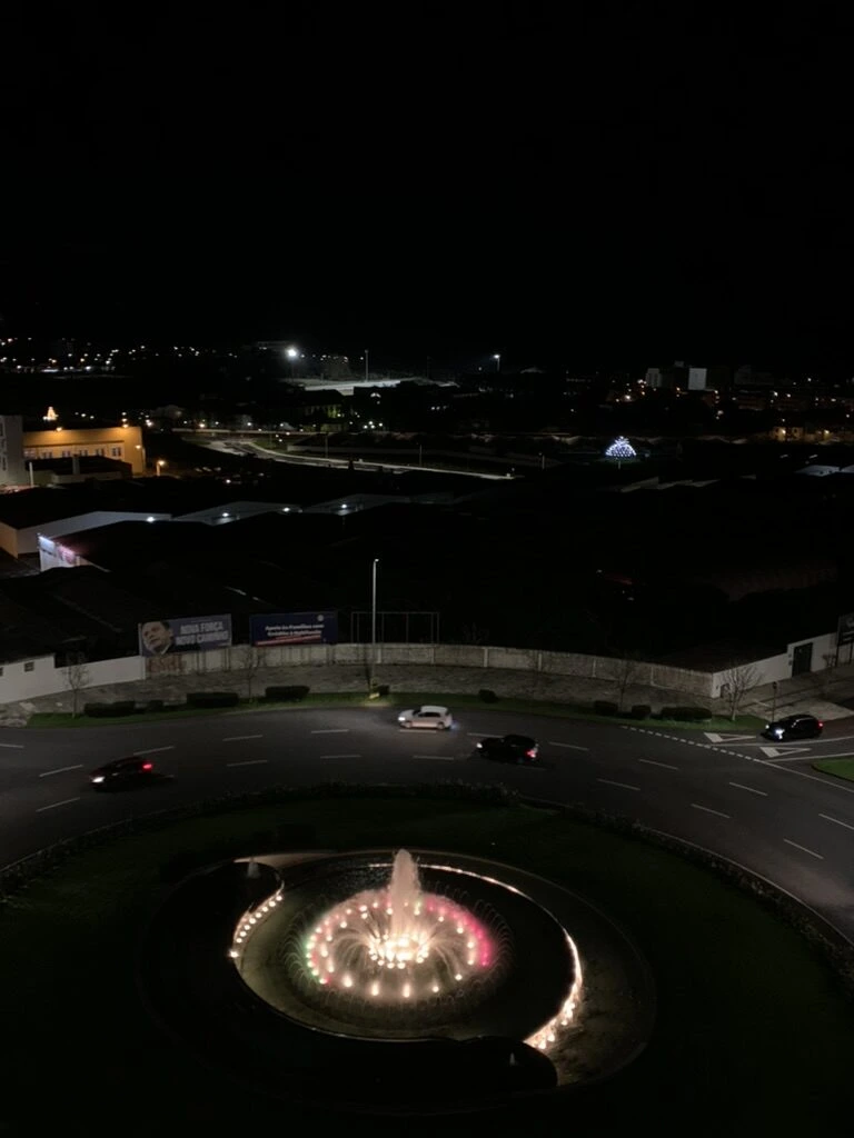 ポンタデルガダの高い階から見下ろした夜の道路とライトアップされた噴水