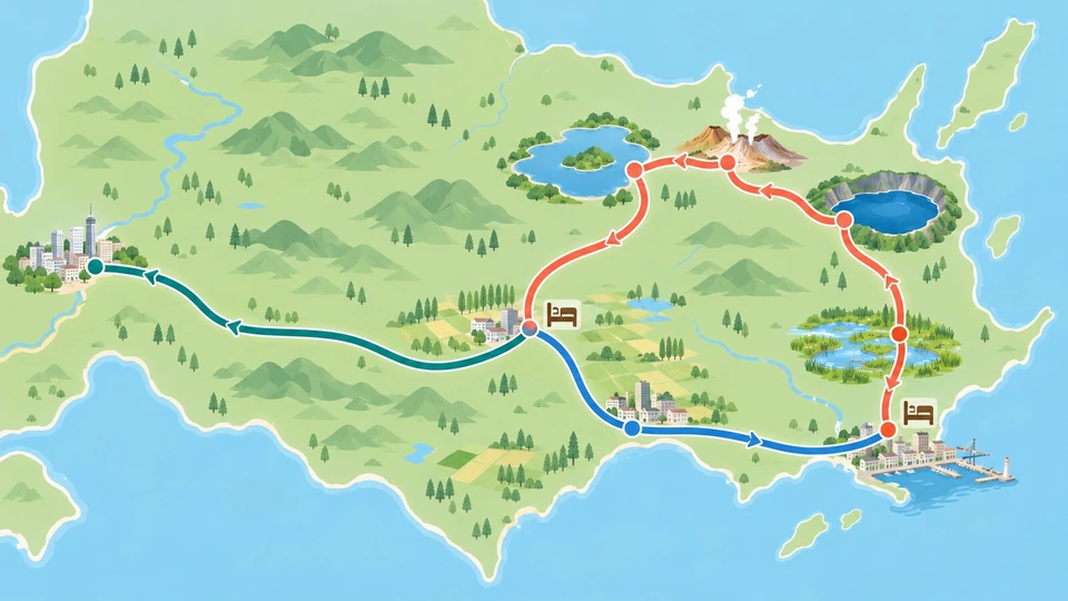 北海道の東半分の簡略な地図の上に、西の都市から東へ伸びる道路を1本の太い線で描き、湿原・湖・湯気の出る山・崖に囲まれた湖を小さなアイコンで示し、2か所の宿をベッドのアイコン、日ごとに線の色を変えた周回ルートの図