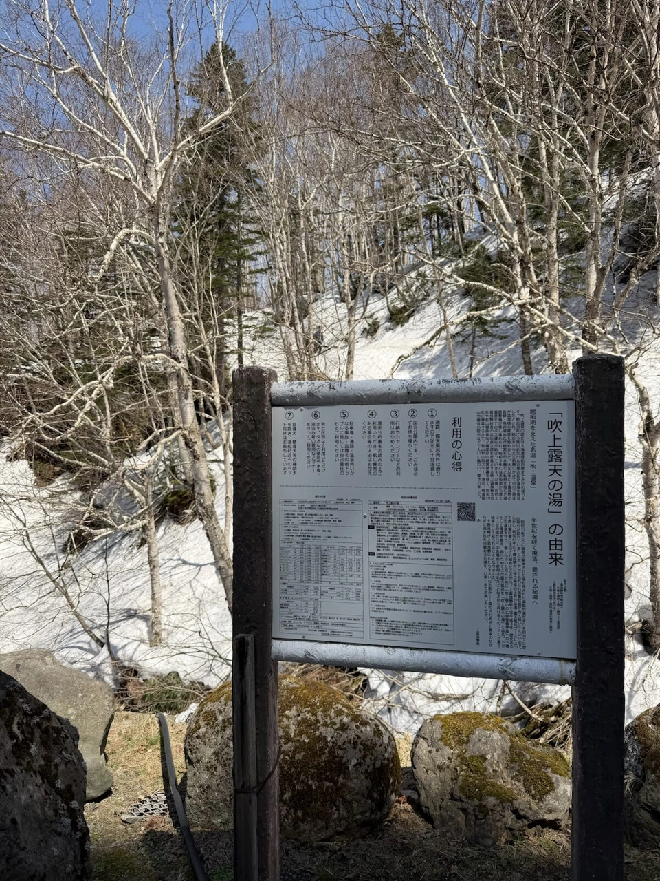 白樺の林の前に立つ「吹上露天の湯」の由来の案内板