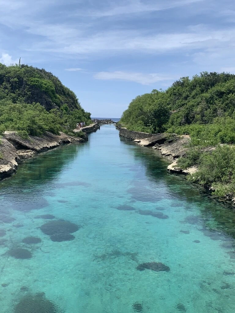 グアム南部の橋の上から見下ろした、両側を緑の崖にはさまれた水路