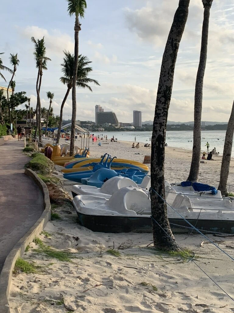ヤシの木が並ぶタモンのビーチと、砂浜に並んだペダルボート
