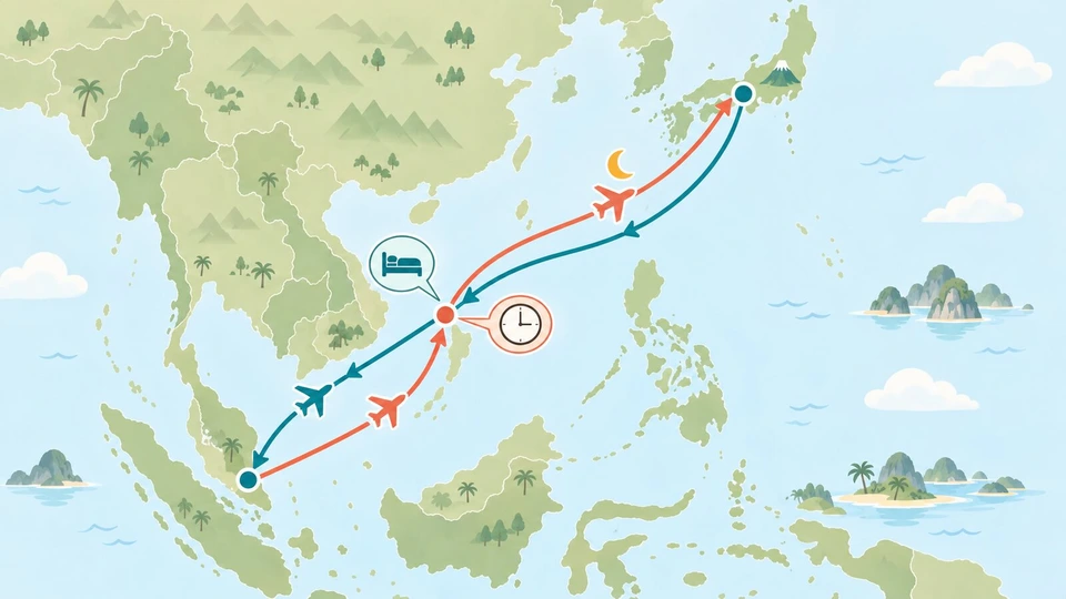 東アジアから東南アジアの簡略な地図の上に、日本からベトナム南部へ下りベッドのアイコンをはさんでマレー半島へ向かう往路の矢印と、マレー半島からベトナム南部で時計のアイコンをはさみ、月のアイコンとともに日本へ戻る復路の矢印を色違いで描いた図