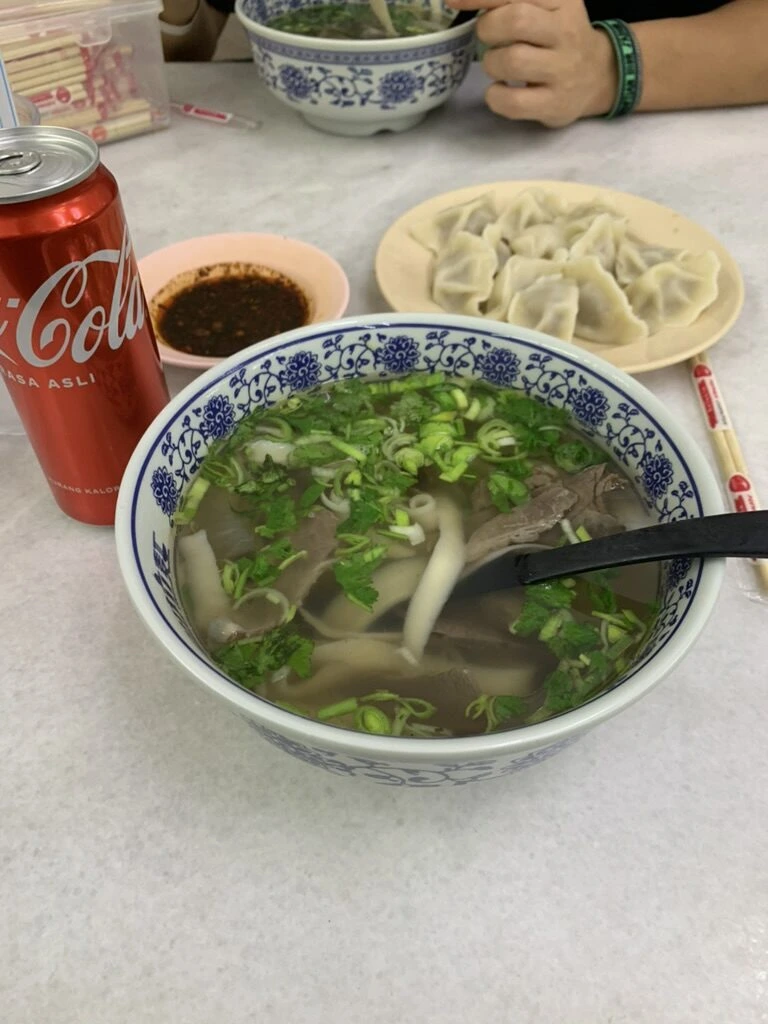ペタリン通りで食べた香菜とねぎがたっぷりの牛肉麺、水餃子、コーラ