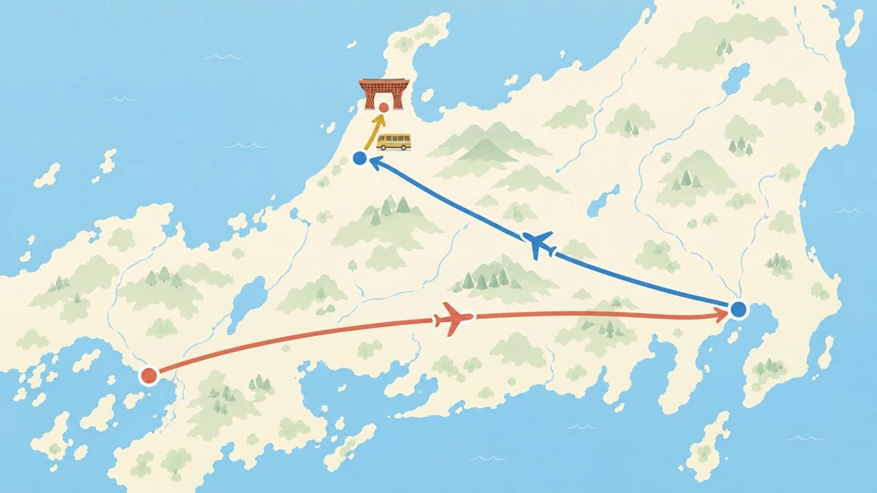 本州中部の簡略な地図の上に、大阪から東京へ東向きの矢印、東京から日本海側の石川県南部へ戻る矢印、そこから北へ短く伸びるバスの矢印を順番に描き、空港を小さな丸、飛行機とバスの小さなアイコン、金沢駅の位置に門を思わせる簡単な木組みの図形を置いた