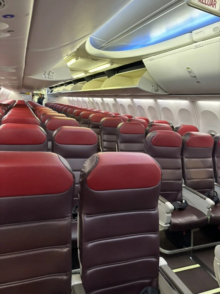MH1455のボーイング737-800の機内。赤い革張りのエコノミー座席