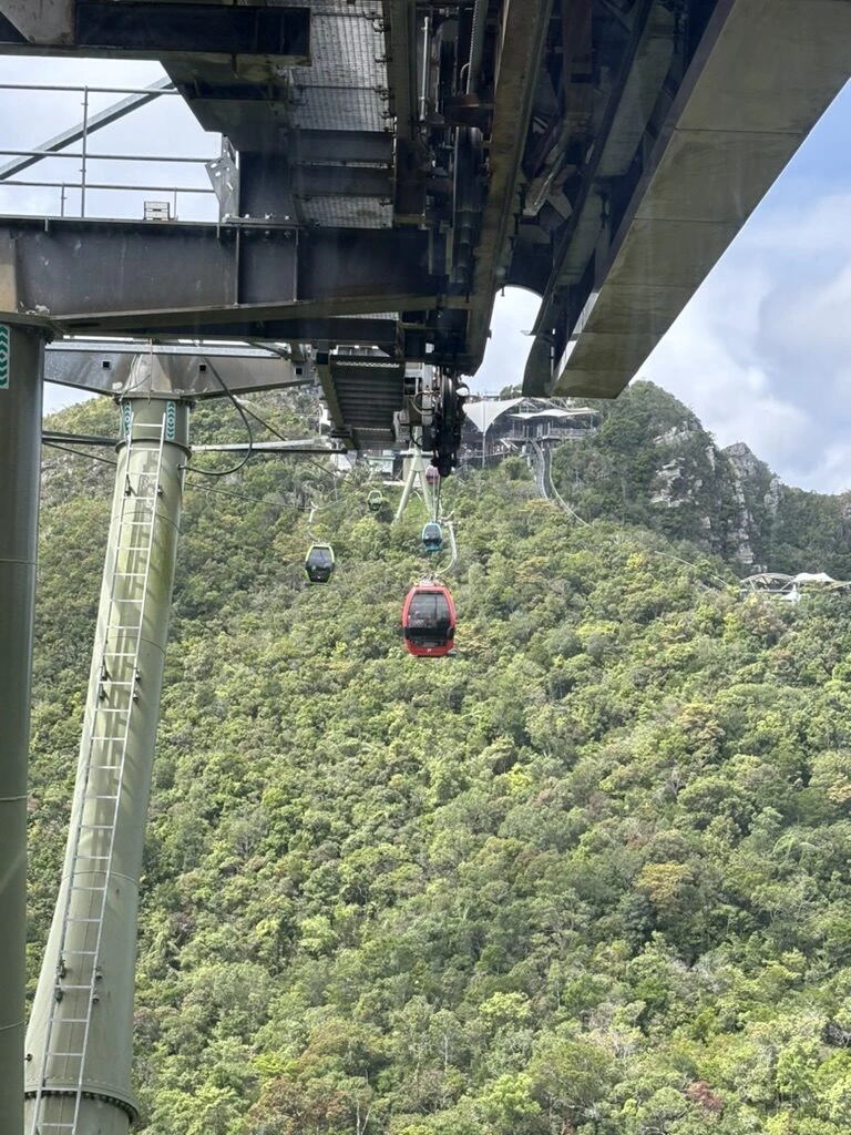 スカイキャブの山頂駅から見下ろした支柱と赤いゴンドラ