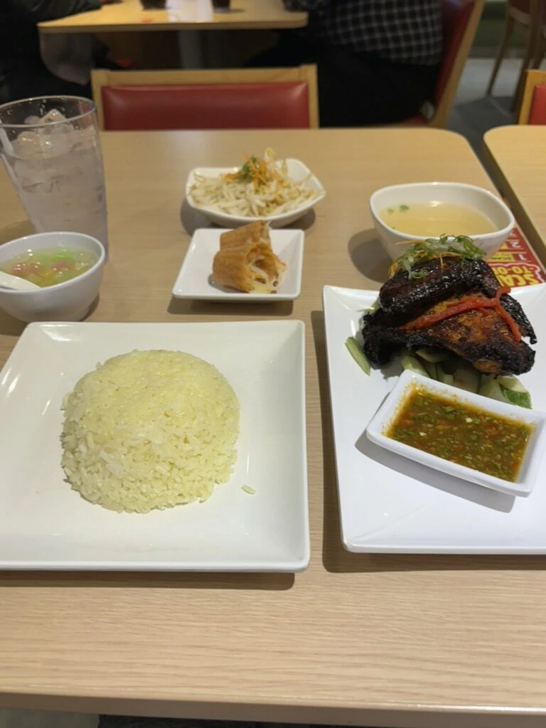 クアラルンプールで食べた、ご飯と焼いた鶏肉、スープ、たれの定食