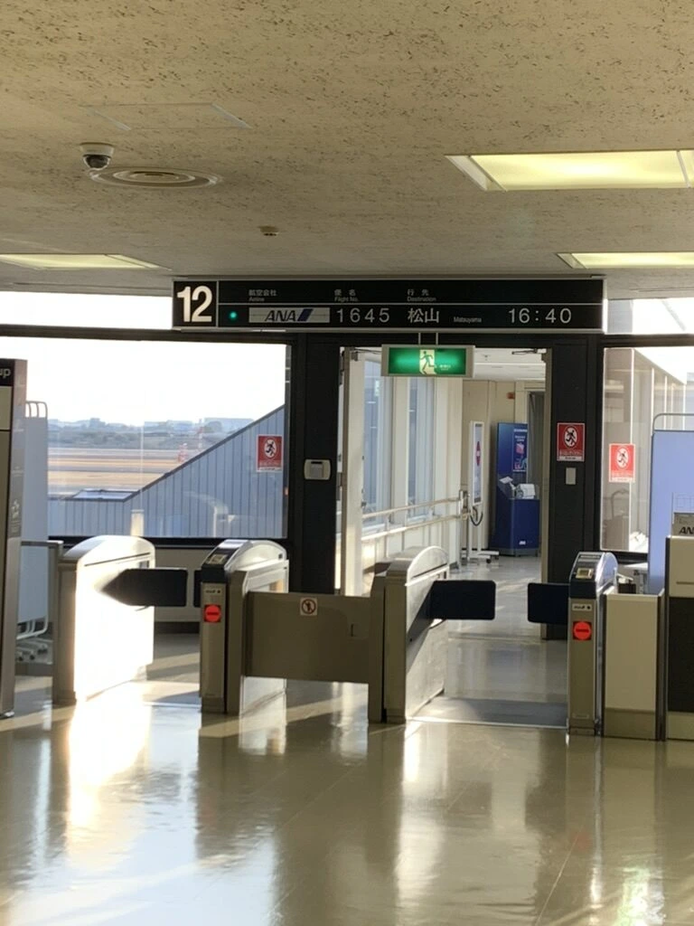 伊丹空港の12番搭乗口。改札機と出発案内の表示
