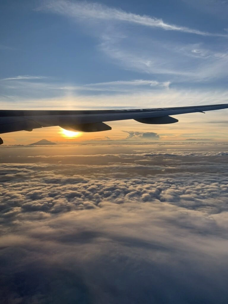 ANA1097便の機窓から見た雲海の上に沈む夕日と主翼