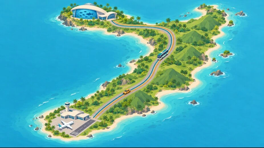 南端の空港から北西の半島の水族館まで、車とバスの2本のルートを描いた島の地図風イラスト