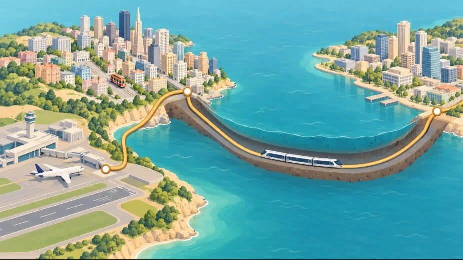 空港と坂の街、湾の対岸の街を、湾の下のトンネルを通る電車の線でつないだイラスト