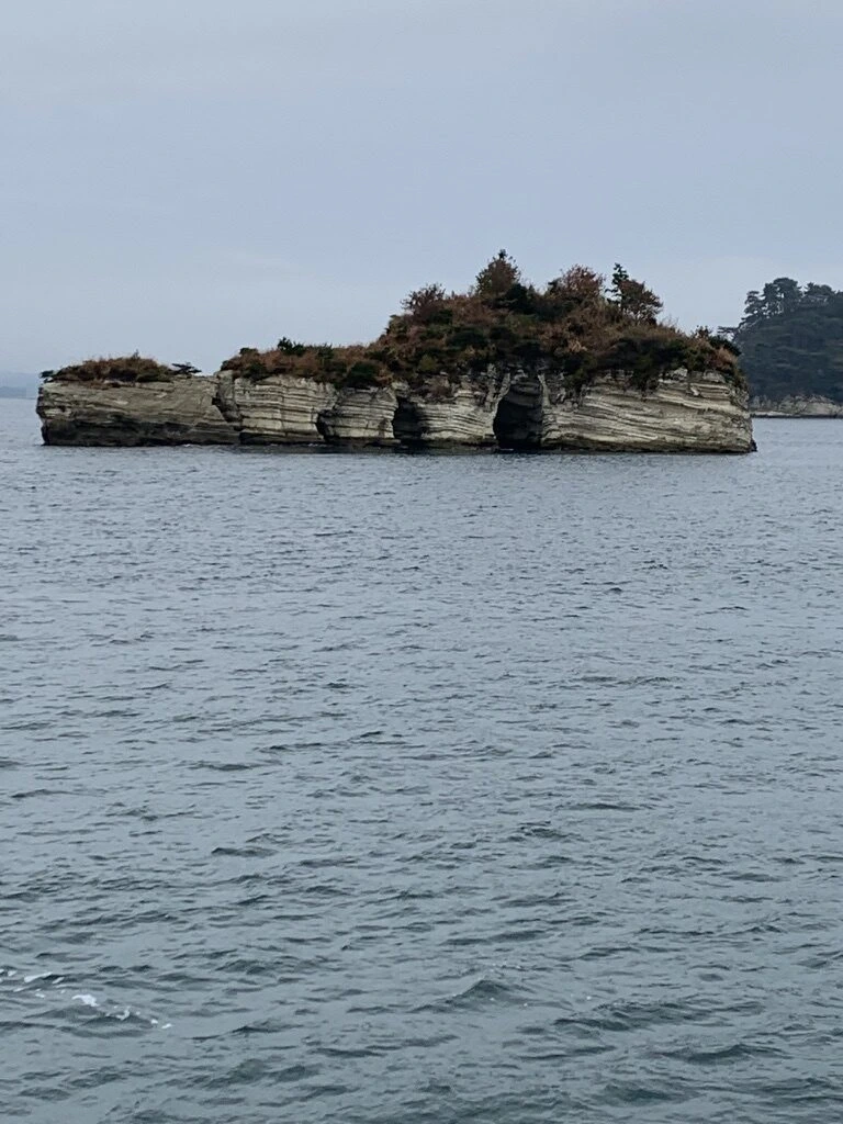 松島湾の、下の方がえぐれて洞窟のようになった岩の島