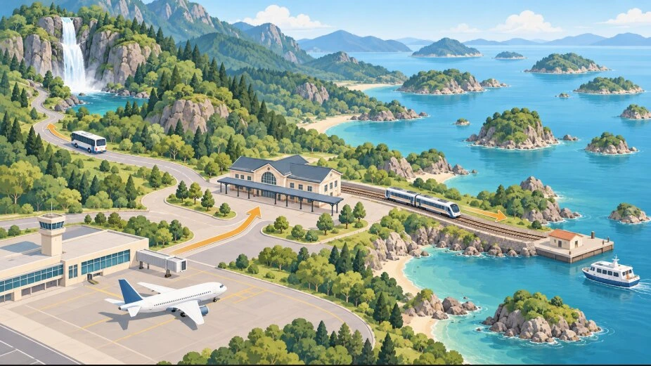 空港から駅へ、駅から左の山の滝へバス、右の島が点在する湾へ電車で向かうイラスト