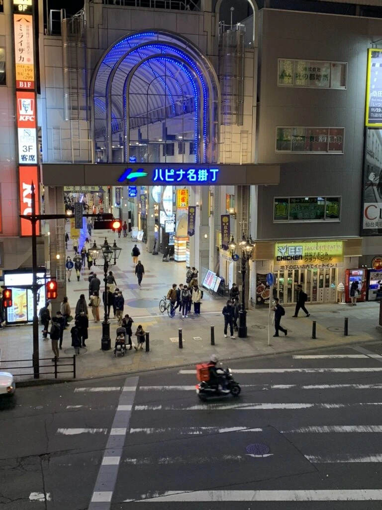 夜のアーケード「ハピナ名掛丁」の入口と横断歩道