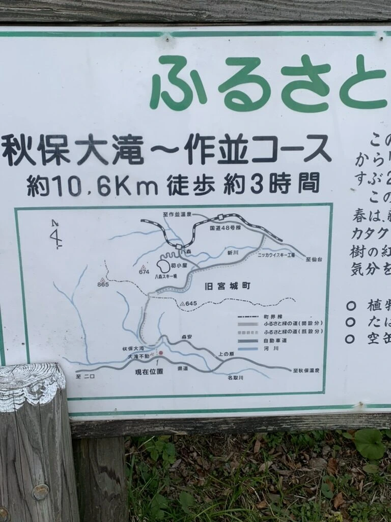 ふるさと自然歩道 秋保大滝〜作並コース 約10.6km 徒歩約3時間の案内板