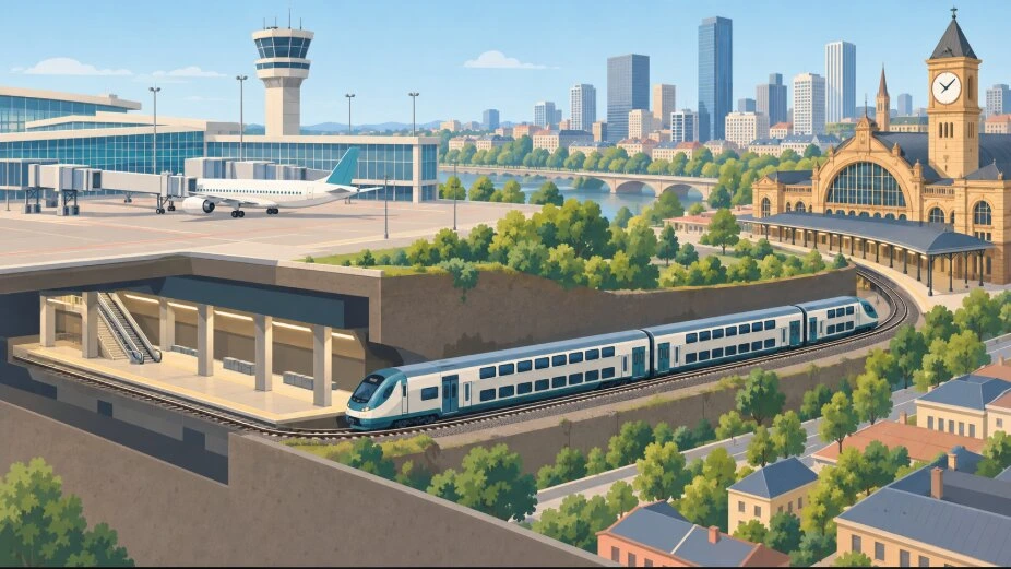 空港ターミナルの地下ホームから2階建ての電車が時計塔のある駅舎へ向かうイラスト