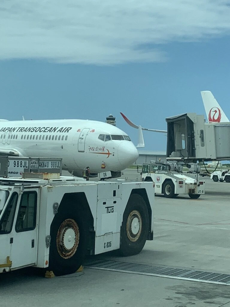 トーイングカーの奥に止まるJTA(日本トランスオーシャン航空)の737