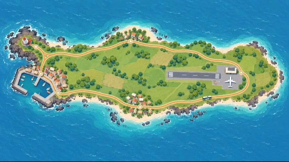 東西に細長い島の空港、西端の港と灯台、南北の集落を回るバスのルートを描いた俯瞰イラスト