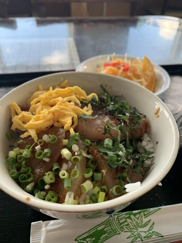 与那国空港の食堂の丼のアップ。錦糸卵とたっぷりのネギ