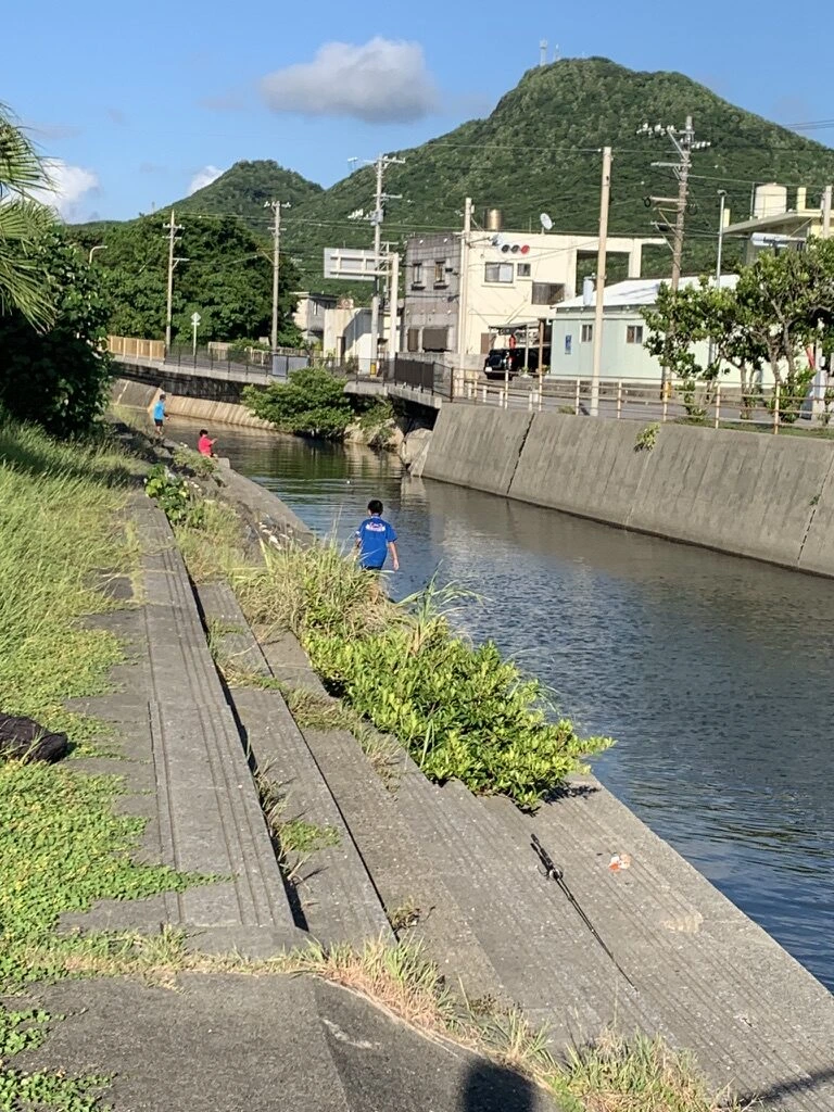 与那国島の集落の中を流れる水路と、奥の山